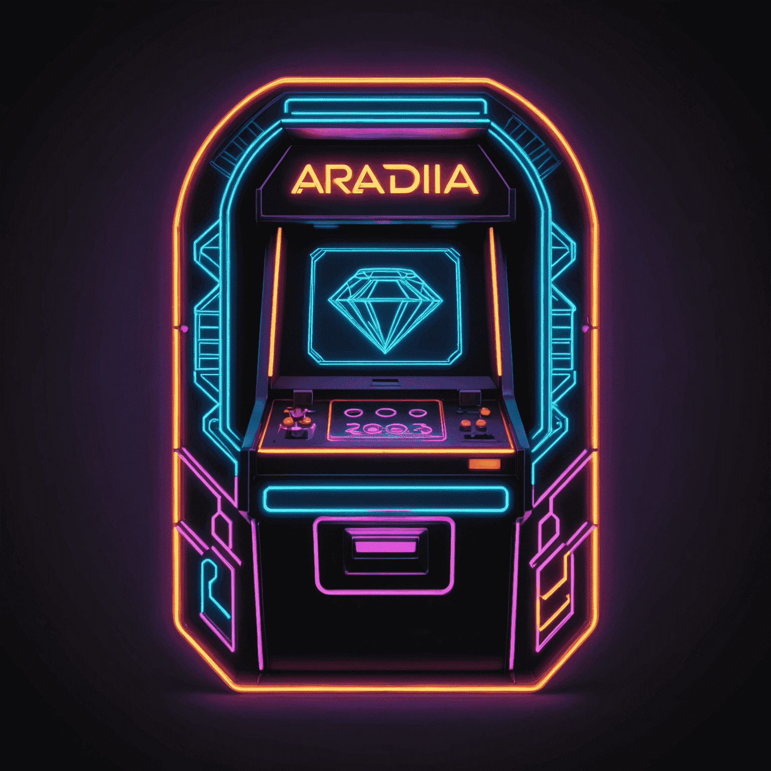Logo Arcadia Machines - stylizowane, geometryczne logo w neonowych kolorach przedstawiające automat do gier